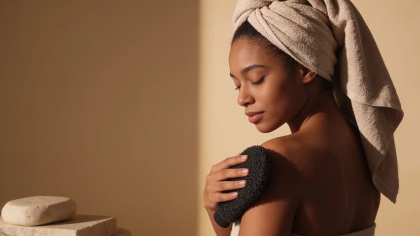 Une femme exfolie son épaule avec le gant DOUSSE