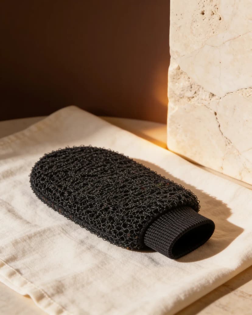 Le gant DOUSSE noir posé sur un linge, près d'une pierre